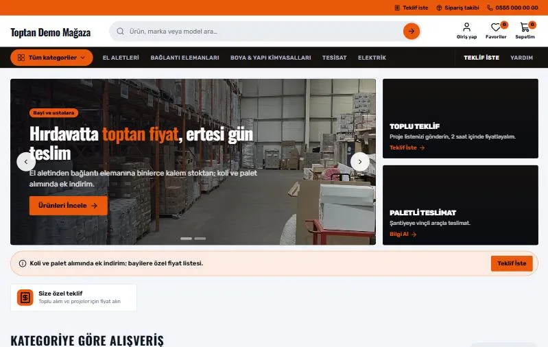 Toptan & B2B teması ana sayfa görünümü